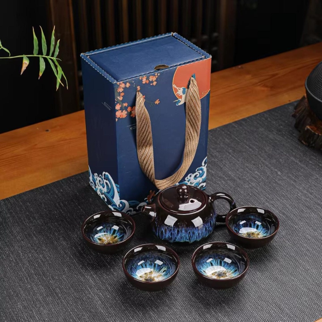 Keramik Teeset mit Kannen und 4 Tassen – Handgefertigtes Kung-Fu-Teeset mit Geschenkverpackung