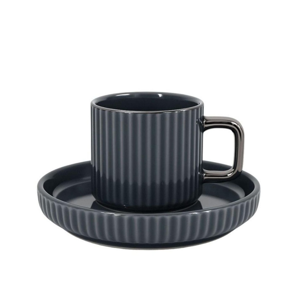 12tlg. Mokka Kaffee Tassen Set, aus Porzellan 100ml, Relief-Design (Grau)