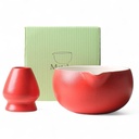 2-teiliges Keramik Matcha Schalen Set Basic | Matcha Schale (500 ml) & Bambusbesen Chasen-Halter, Rot