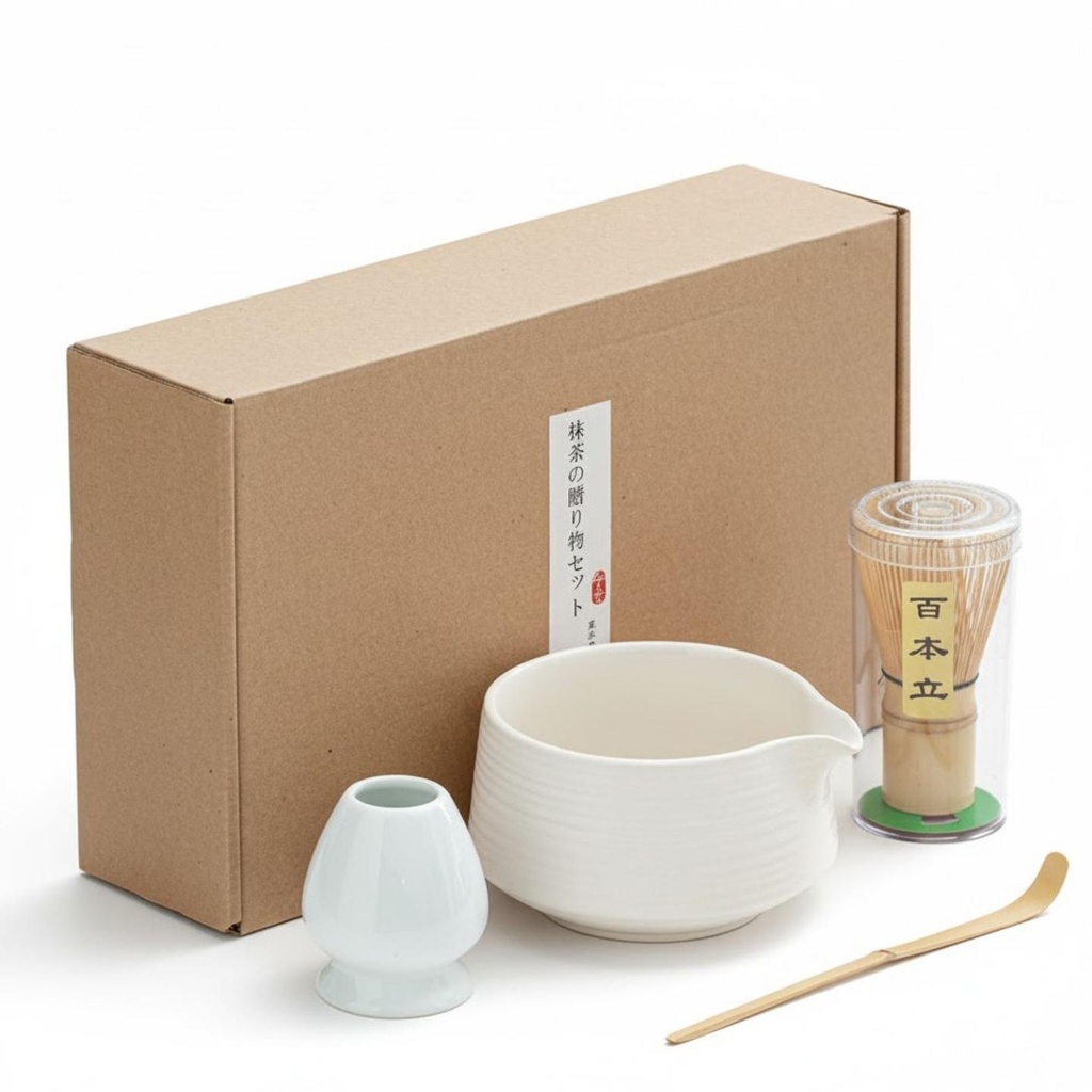 Japanisches traditionelles Matcha Starter Set – Basic Edition | Matcha Schale aus Keramik mit Bambusbesen, Besenhalter & Bambuslöffel (Vanille-Weiß)