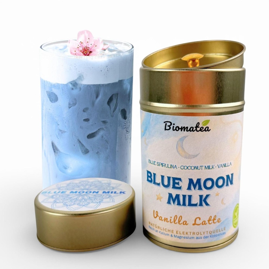 Biomatea Blue Moon Milk Vanille Latte – Blue Spirulina Latte Mix mit Kokosmilch & echter Vanille, 100g Dose