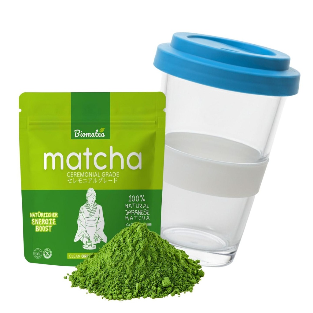 Swiss made Matcha 2 go Glas-Becher mit 50g ceremonial Matcha Pulver aus Kagoshima Japan (Blau)