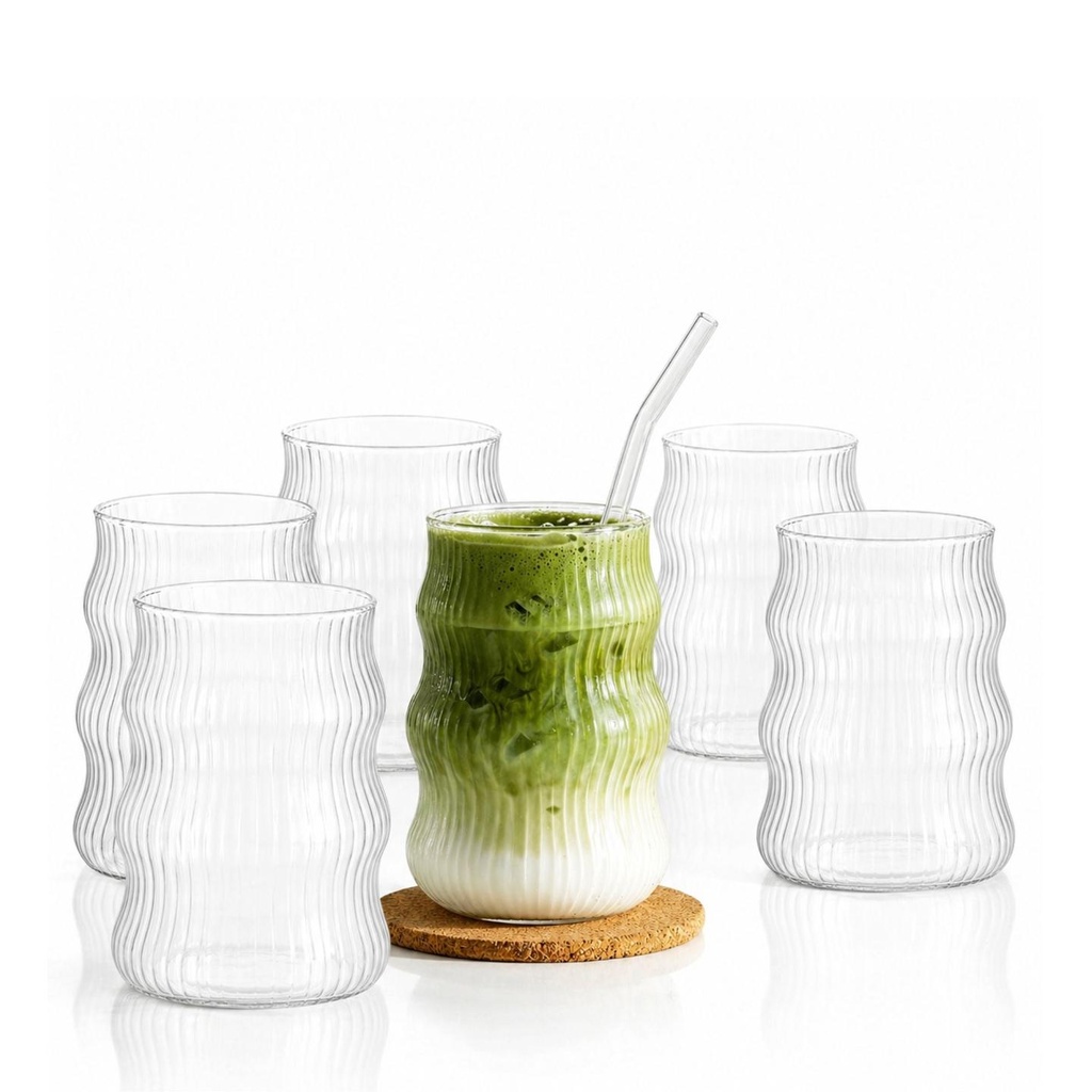 Ripple Matcha-Gläser 6er Set 400ml | Wellen-Design für Matcha Latte Glas, Iced Coffee & Smoothies Trinkgläser