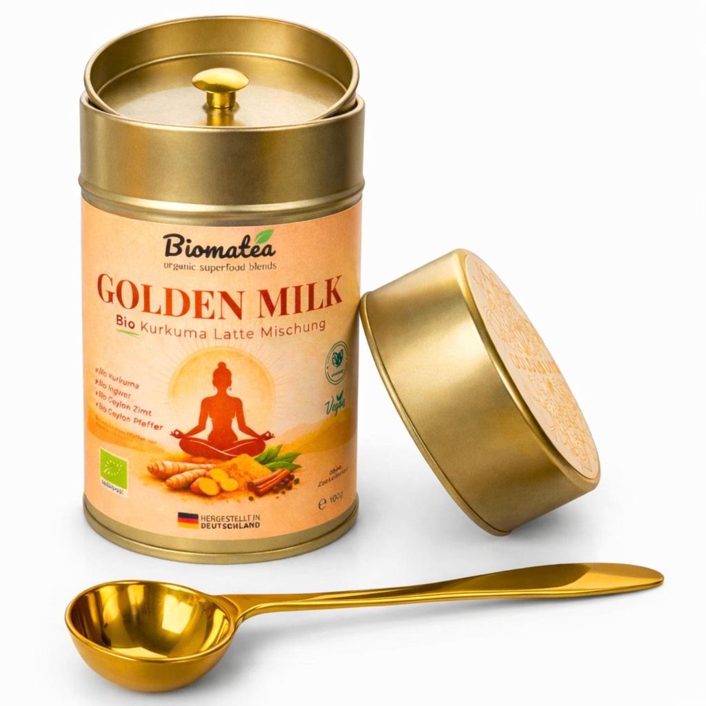 Bio Golden Milk Kurkuma Latte 100g Set – Goldene Milch Superfood in goldfarbener Metalldose mit Doppeldeckel & Edelstahllöffel – Vegan
