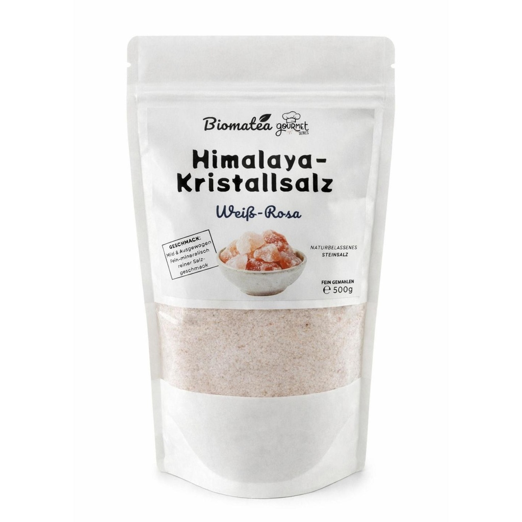 Biomatea Gourmet Series Himalaya Kristallsalz Weiß-Rosa – Fein Gemahlen – Naturbelassenes Steinsalz 500g