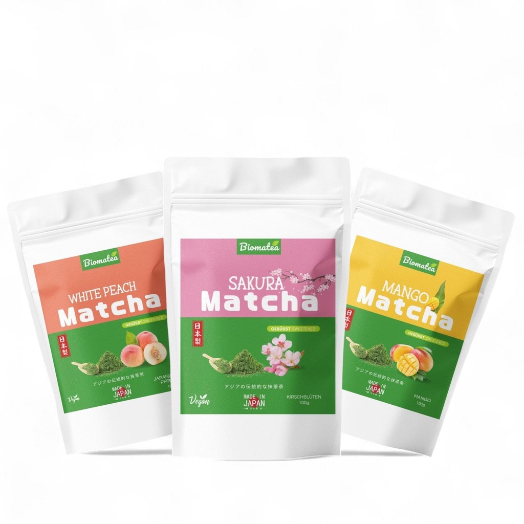 Biomatea Matcha mit Sakura & Mango & Pfirsich, aus Japan, mit Zucker, 100g (Mango)