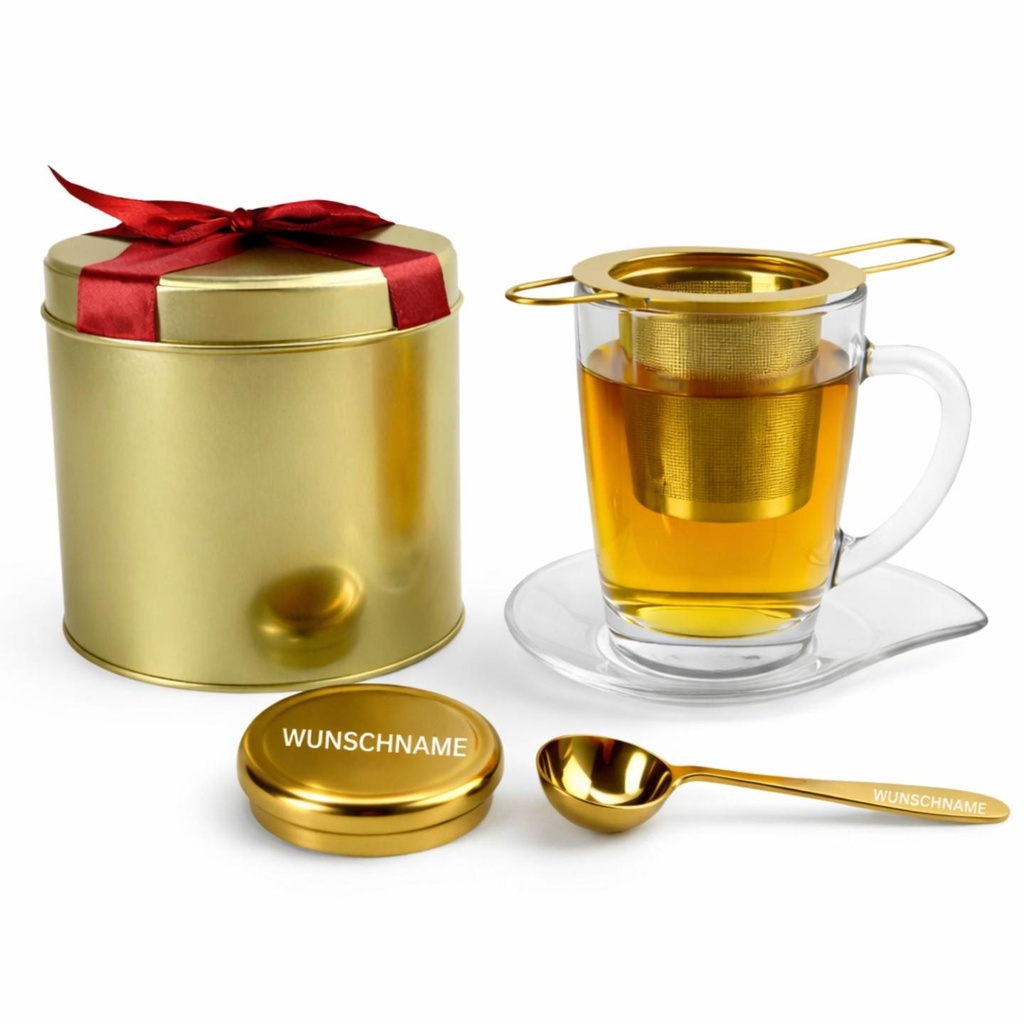 Personalisiertes Tee Geschenkset Gold mit Gravur | Edelstahl Teesieb mit Deckel & Löffel | Teeglas mit Unterteller | Edle Geschenkbox aus Metall | Individuelle Lasergravur
