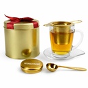 Personalisiertes Tee Geschenkset Gold mit Gravur | Edelstahl Teesieb mit Deckel & Löffel | Teeglas mit Unterteller | Edle Geschenkbox aus Metall | Individuelle Lasergravur