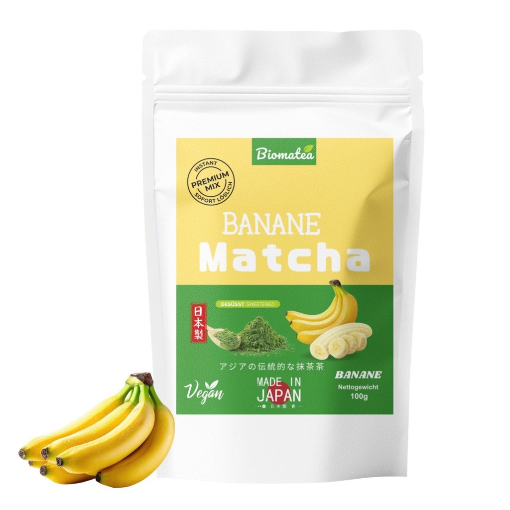 Japanischer Matcha Pulver mit Bananen Pulver, gesüßt – 100g – Sofort löslich in Wasser oder Milch, trinkfertig