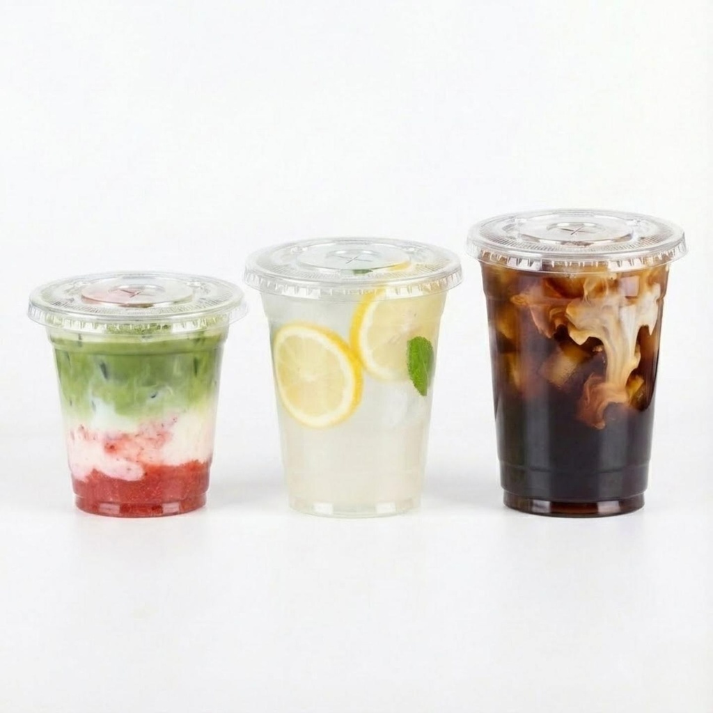 100 Stück Pet Becher mit Flachdeckel für Matcha Latte, Dessert, Softdrink, Kaffee, to go Plastikbecher, | 360ml, 400ml, 500ml (360 ml (12oz))