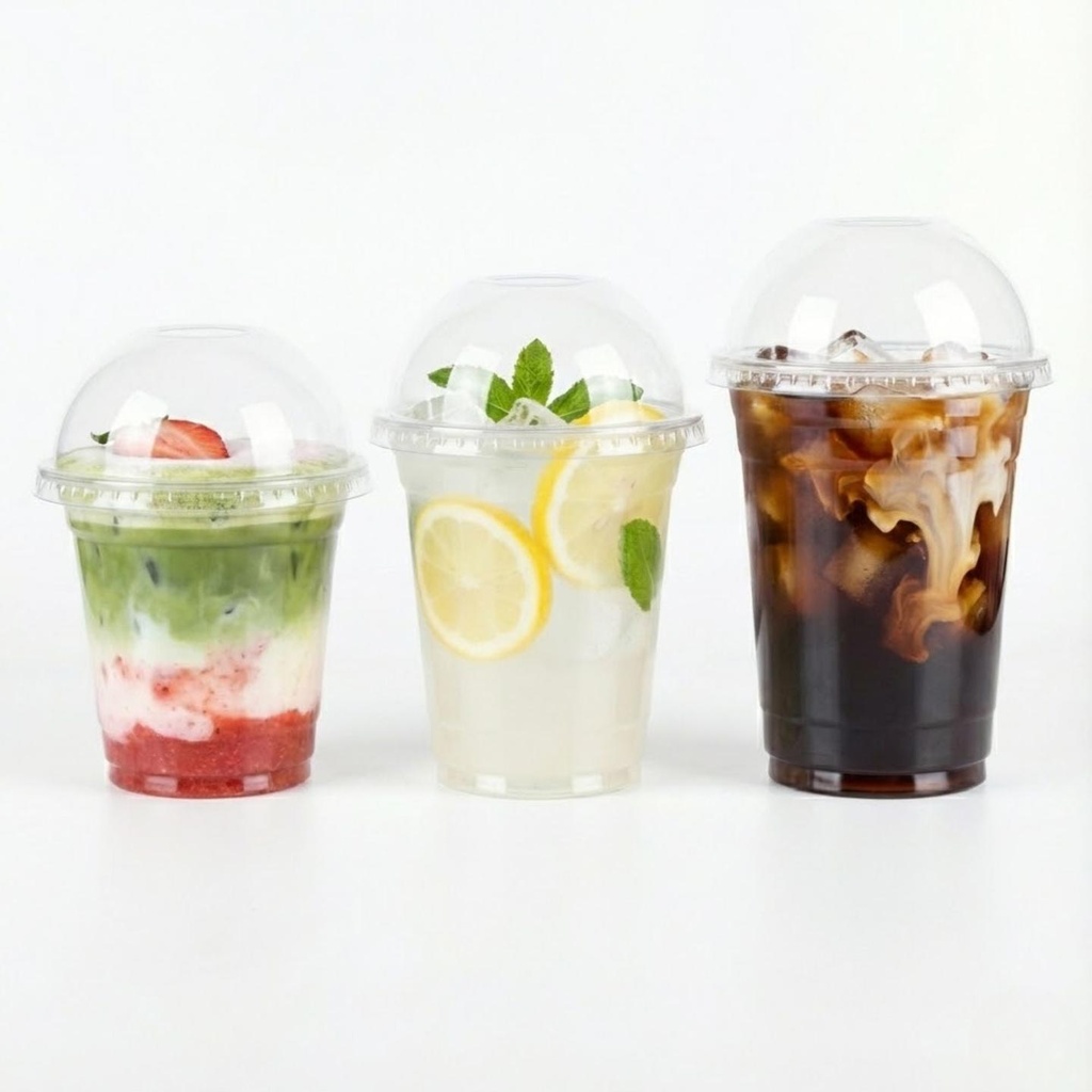 100 Stück Pet Becher mit Domdeckel für Matcha Latte, Dessert, Softdrink, Kaffee, to go Plastikbecher, | 360ml, 400ml, 500ml (360 ml (12oz))